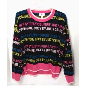 Juicy Couture Sweater Women L Black All Over Print Y2K Style Oversized Boxy Logo